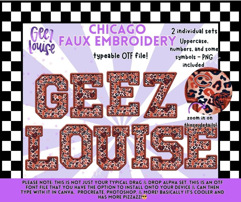 Chicago Faux Embroidery Typeable OTF Alpha Font + PNG Sets