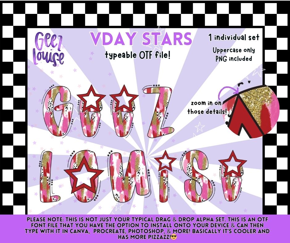 VDAY Stars Alpha Set | Typeable OTF Font + PNG Letters | Valentine Star Alphabet