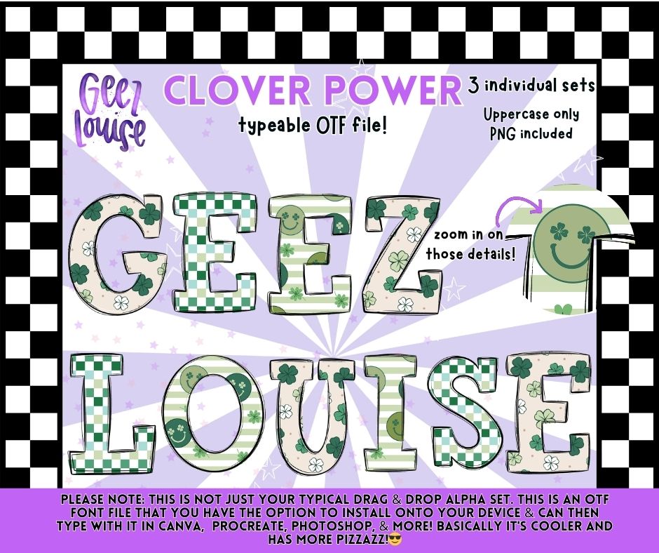 Clover Power Typeable OTF Alpha Font + PNG Set (Uppercase)