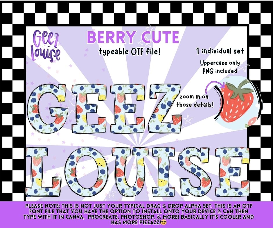 Berry Cute OTF Font | Uppercase Typeface + PNG | Strawberry Pattern Alphabet