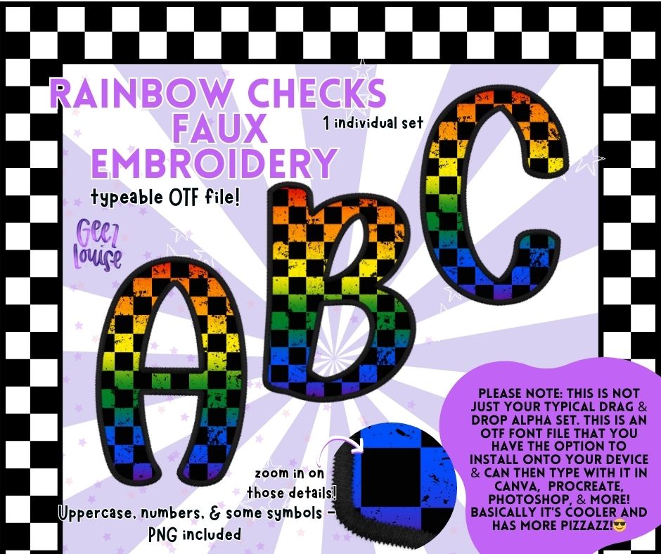 Rainbow Checks Faux Embroidery - Colorful OTF Font + PNG Alpha Set