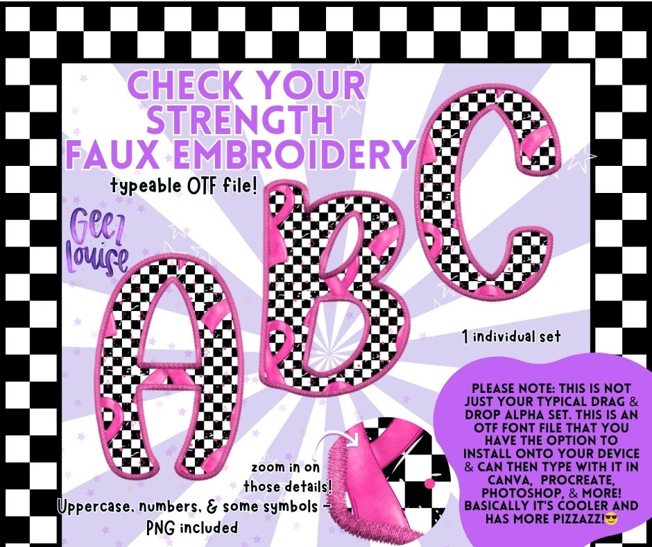 Check Your Strength Faux Embroidery Alpha – OTF Font + PNG