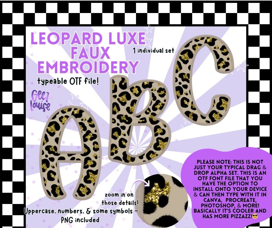 Leopard Luxe Faux Embroidery - Glam OTF Font + PNG Alpha Set