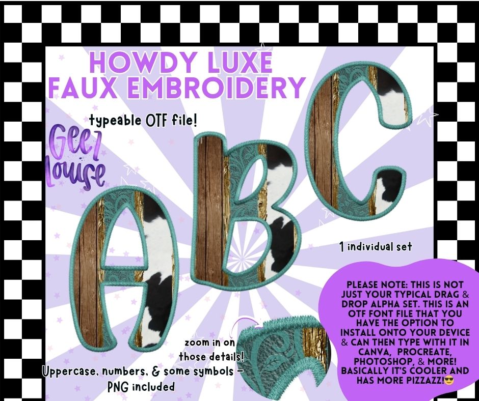 Howdy Luxe Faux Embroidery Alpha – OTF Font + PNG
