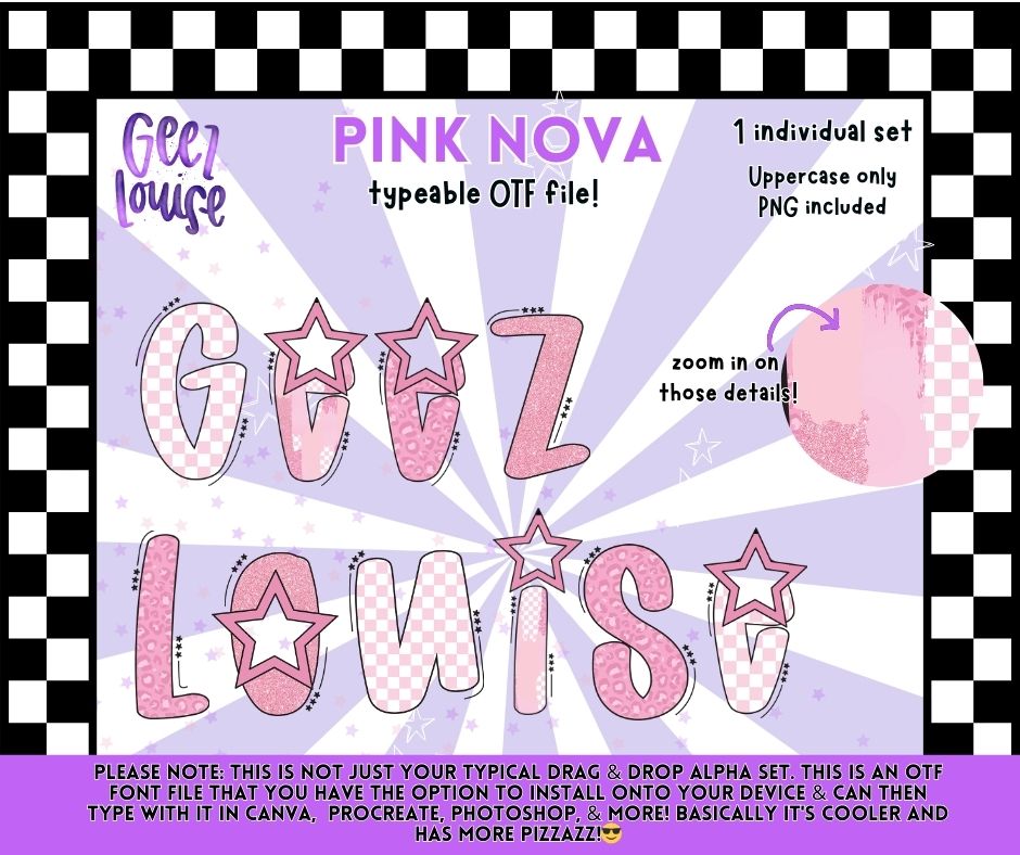 Pink Nova Alpha (Typeable OTF + PNG, Commercial Use Digital File)