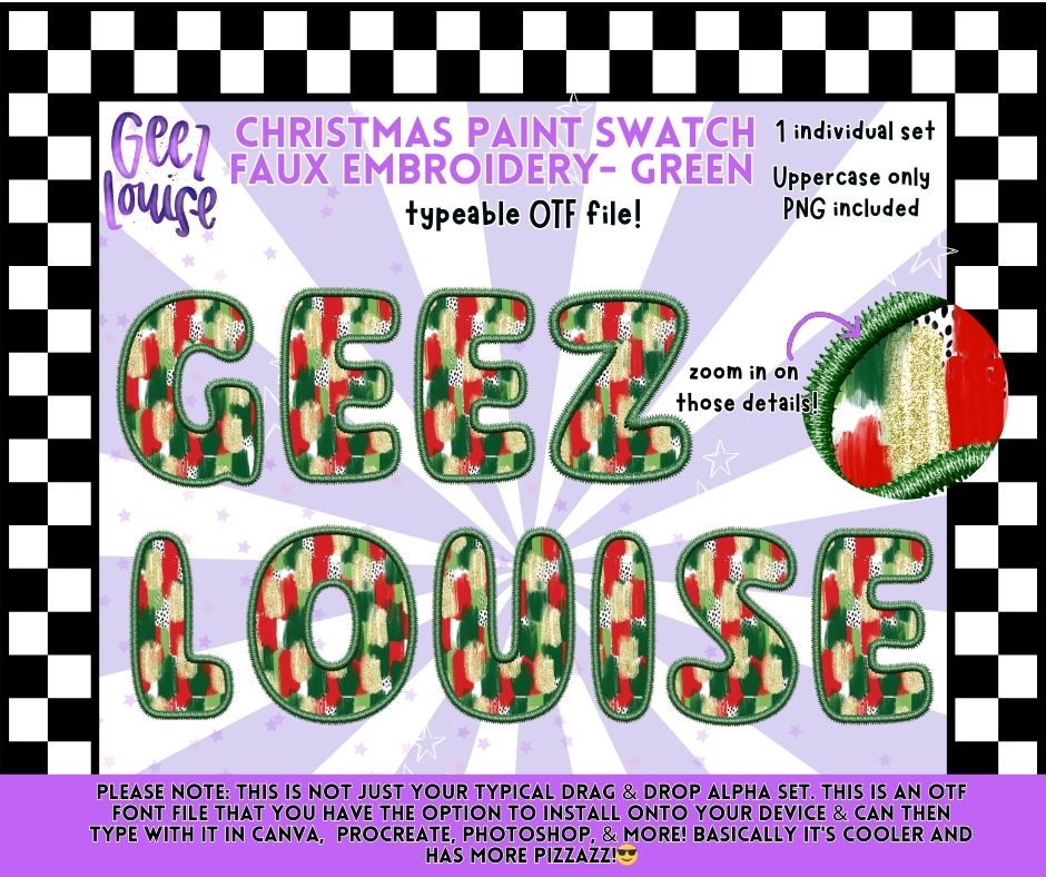 Christmas Paint Swatch Faux Embroidery Alpha β Green OTF Font + PNG Set