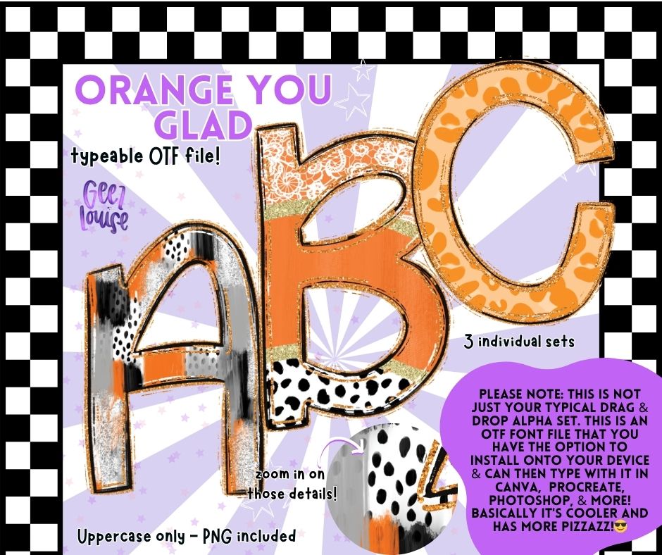 Orange You Glad Alpha Font – 3 Style OTF + PNG Uppercase Set