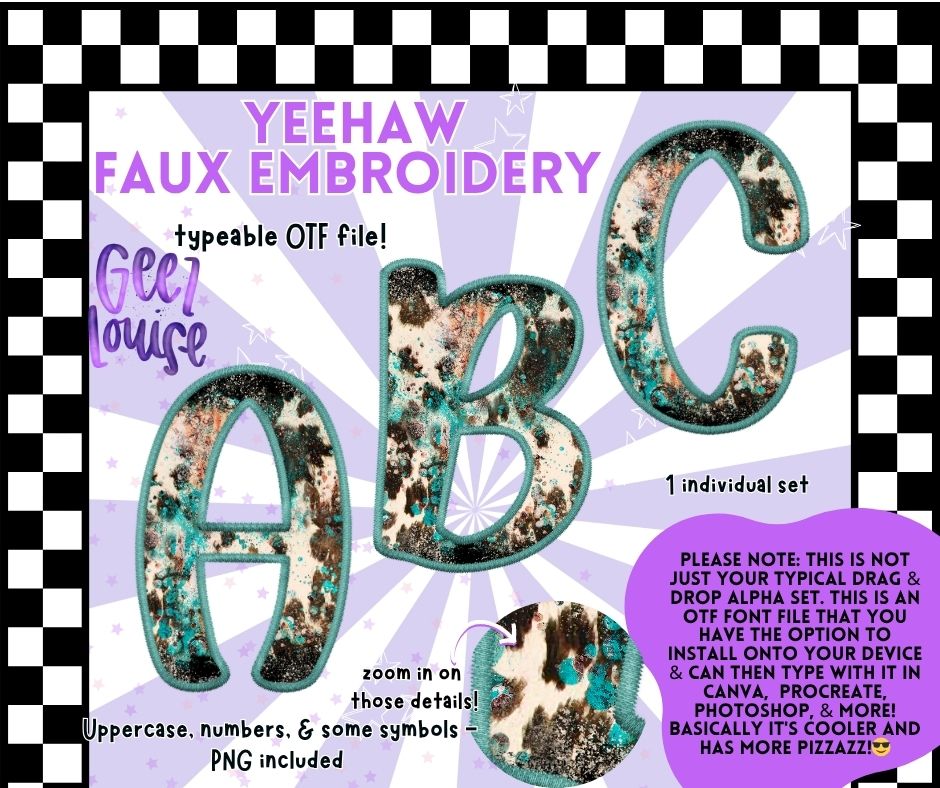 Yeehaw Faux Embroidery Alpha – Western-Inspired OTF Font + PNG