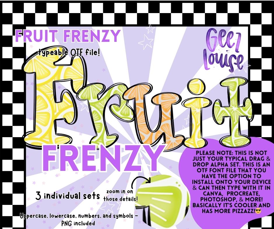 Fruit Frenzy (3 sets) - TYPEABLE OTF Font - Alpha Set - Digital Download- PNG