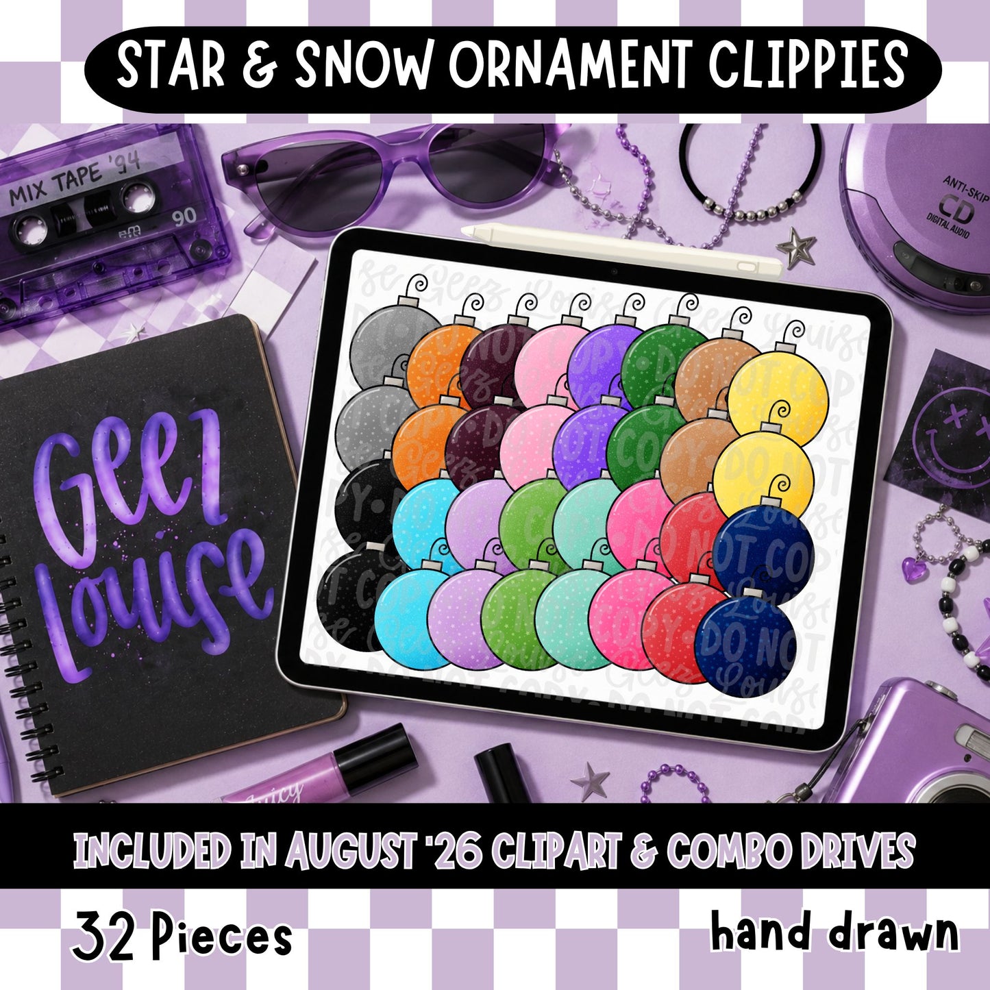 Star & Snow Christmas Ornament Clipart PNG Bundle | Hand Drawn Ornament Clipart | 32 PNGs | August '26 Clipart Drive