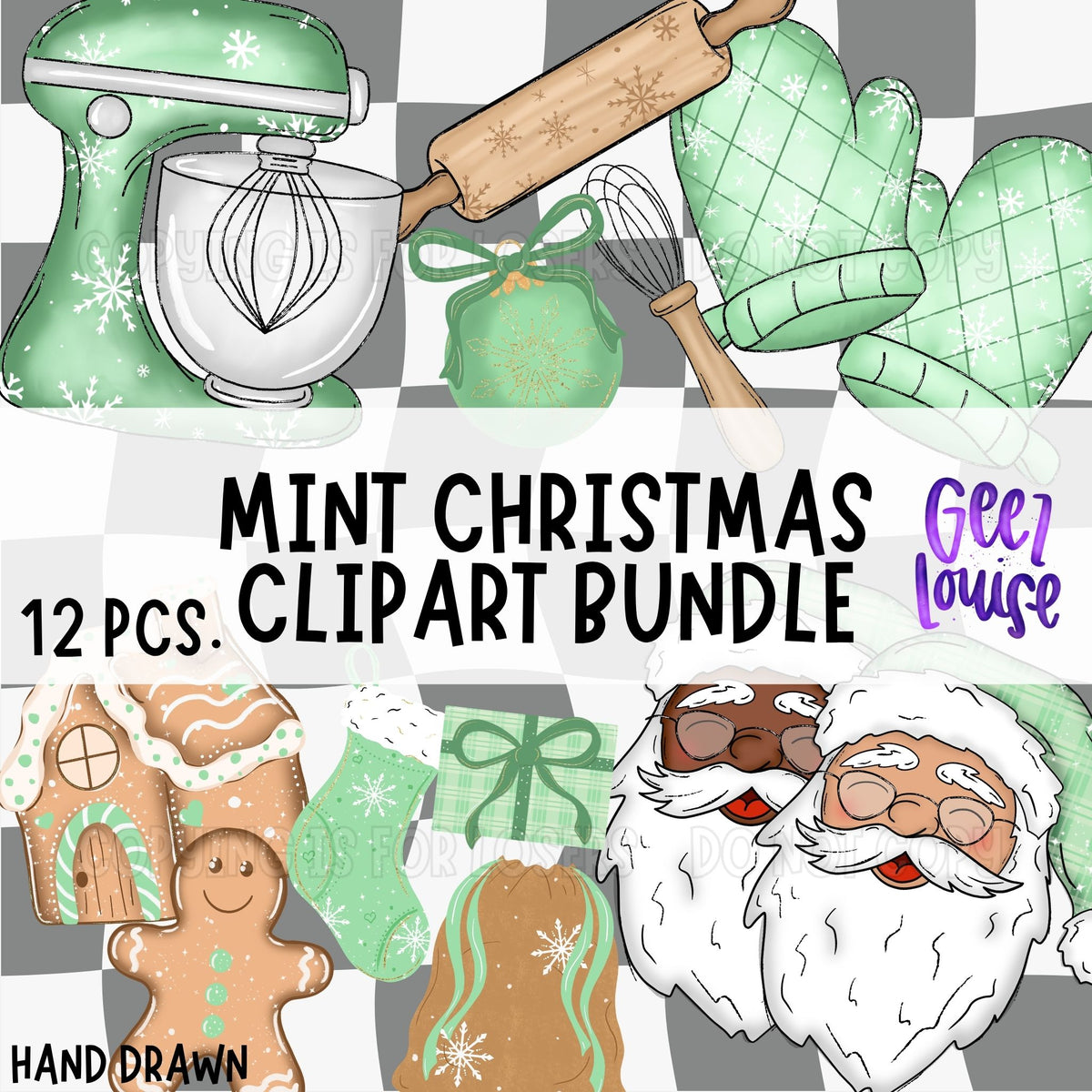 Mint Christmas Clipart Bundle | 12 Hand-Drawn PNG Designs