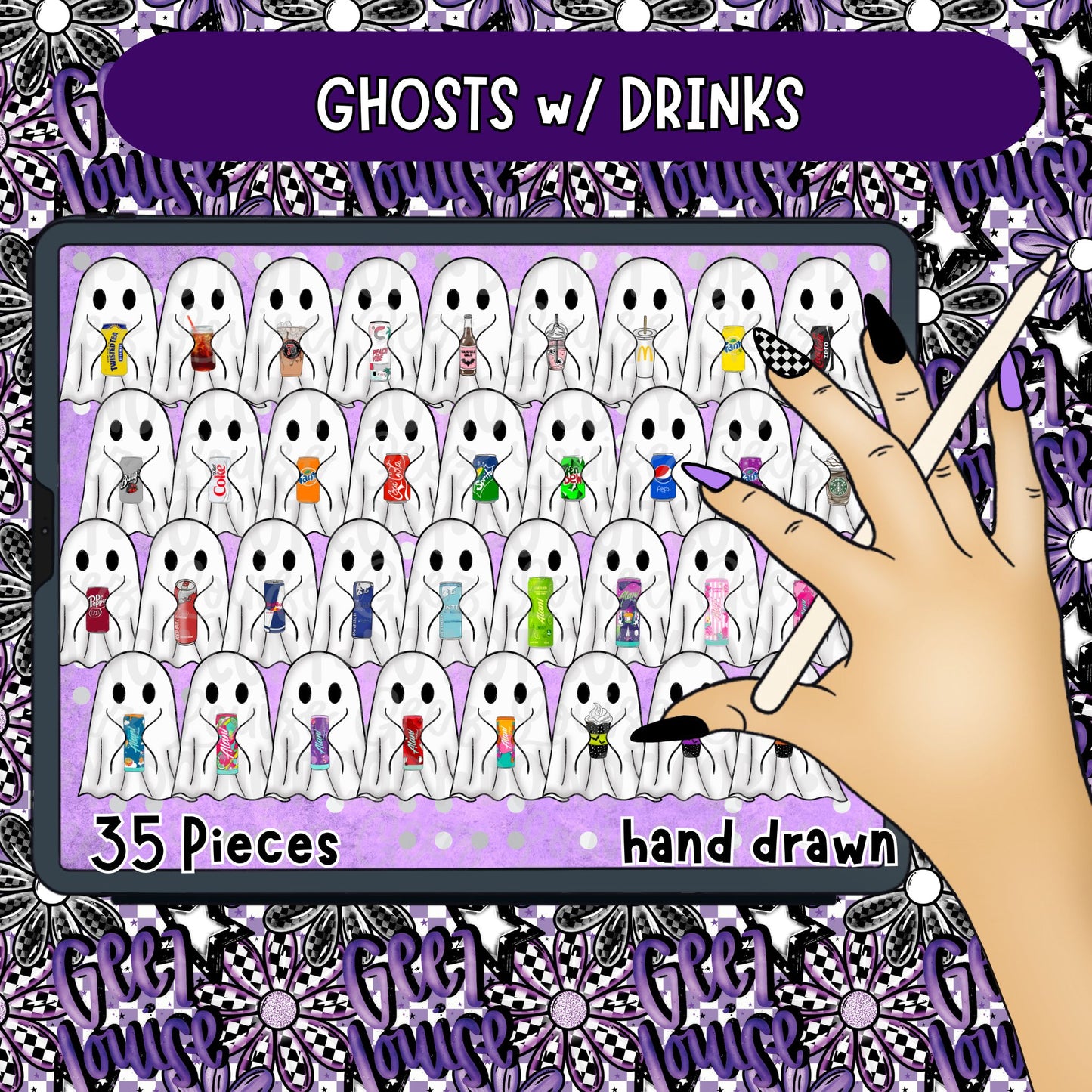 Ghosts with Drinks Clipart | Halloween Ghost PNG Bundle | 35 Hand Drawn Ghost PNGs | Spooky Clipart | Digital Download