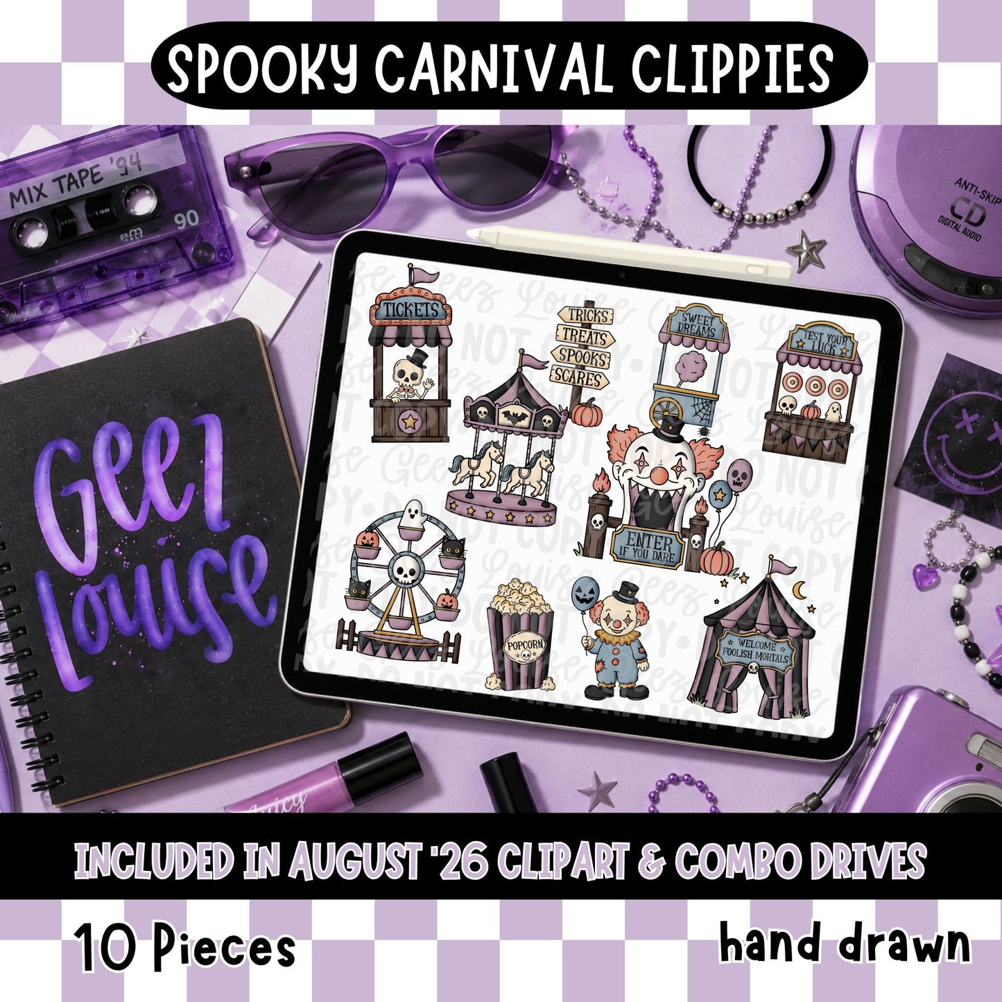Spooky Carnival Clipart Bundle PNG | Halloween Carnival Clip Art | Hand Drawn Halloween Graphics | August 26 Clipart Drive