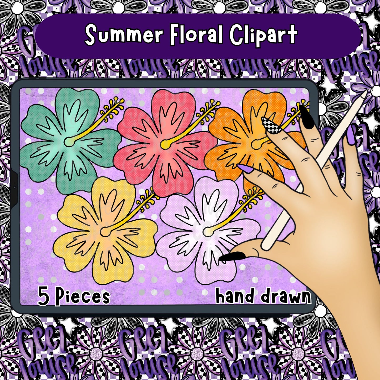 Hand Drawn Summer Floral Clipart | 5 Piece Digital PNG Set