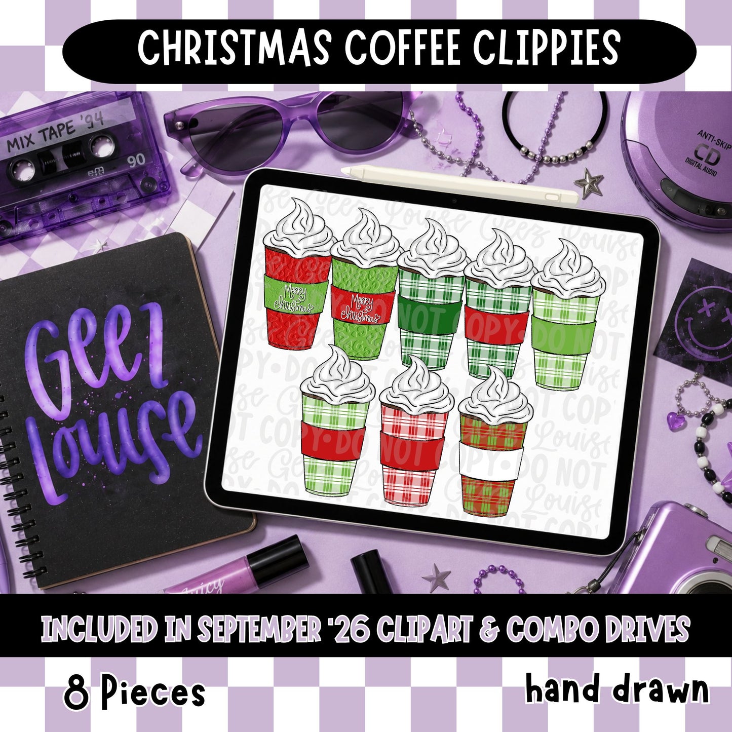 Christmas Coffee Clippies | Holiday Coffee Cup Clipart | 8 Hand Drawn PNGs