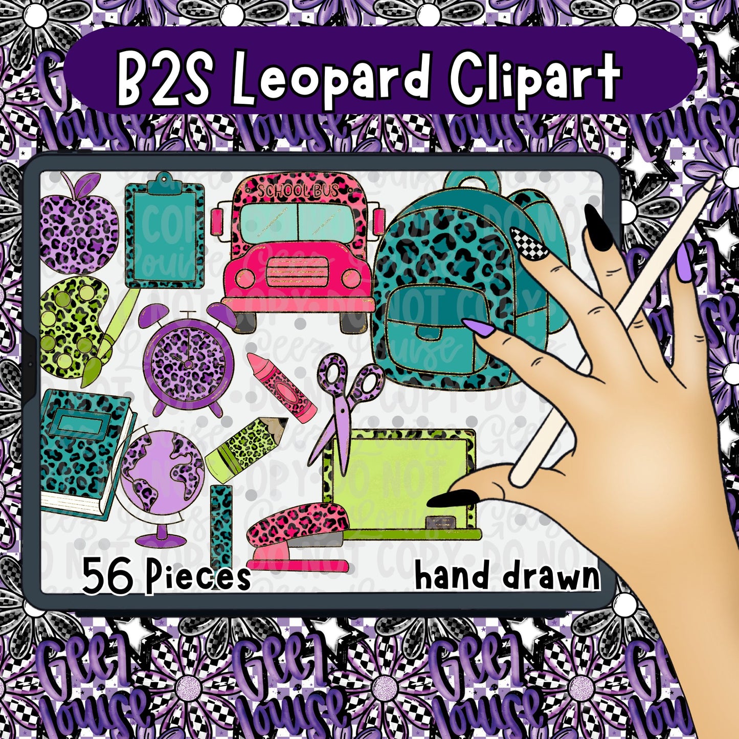 B2S Leopard Clipart Bundle | 56 Piece Hand Drawn School PNG Set | Backpack, Bus, Supplies
