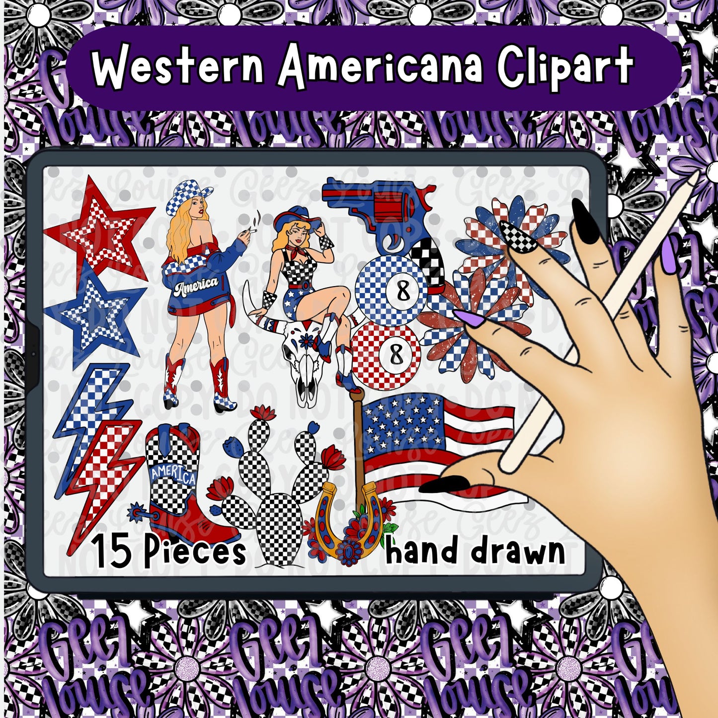 Western Americana Clipart Bundle PNG | Patriotic Cowgirl Graphics | Red White Blue Western Clipart Set | Hand Drawn 4th of July Elements