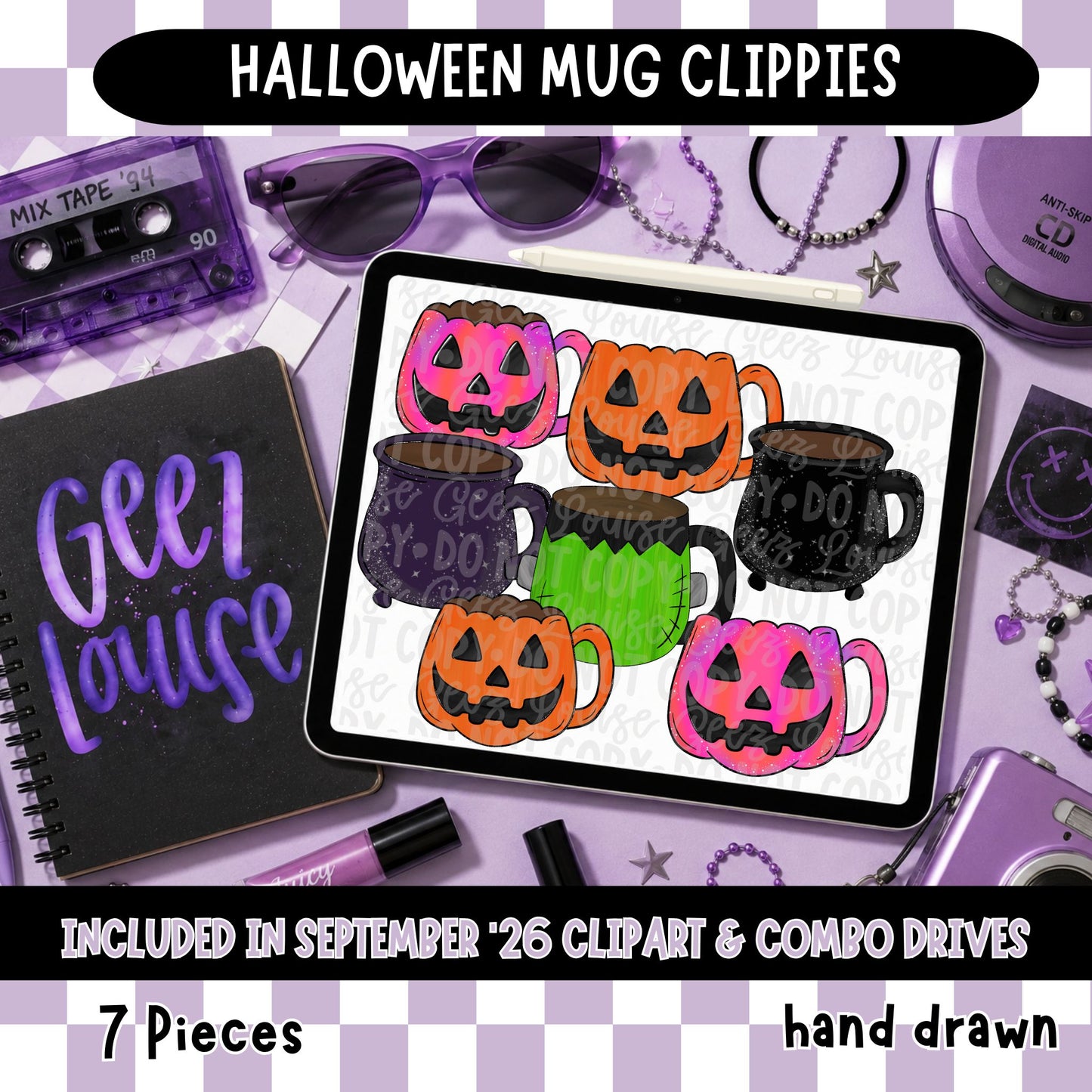Halloween Mug Clippies | Pumpkin & Cauldron Coffee Cup Clipart | 7 Hand Drawn PNGs