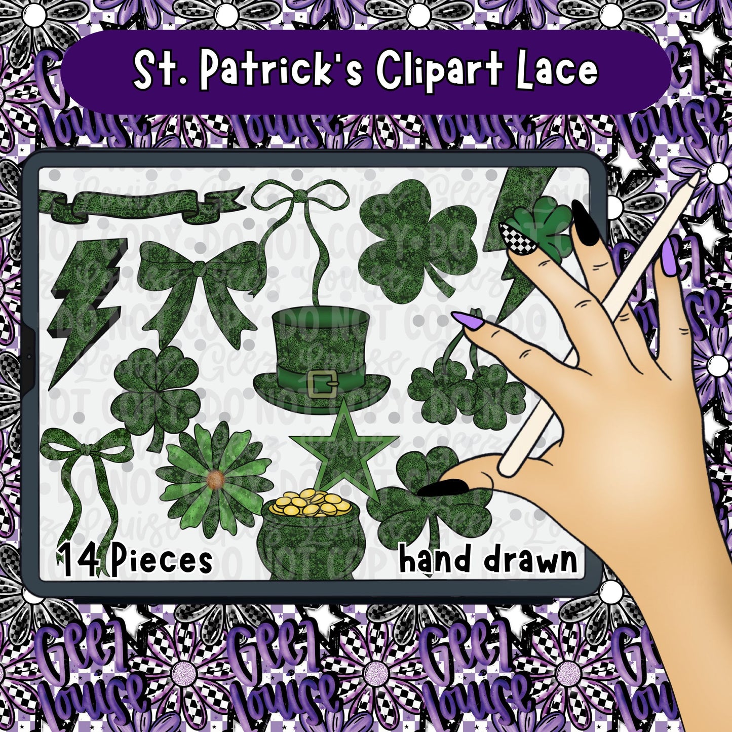 St. Patrick’s Day Clipart | Hand-Drawn Lacey Shamrock PNGs | 14 Pieces