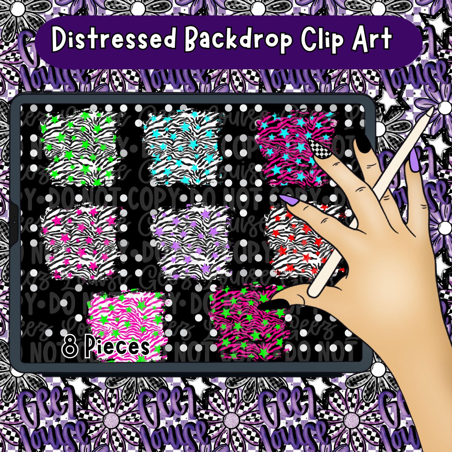 Distressed Grunge Backdrop Clipart | Zebra Star PNG Backgrounds | Edgy Neon Texture Pack (8 Pieces)