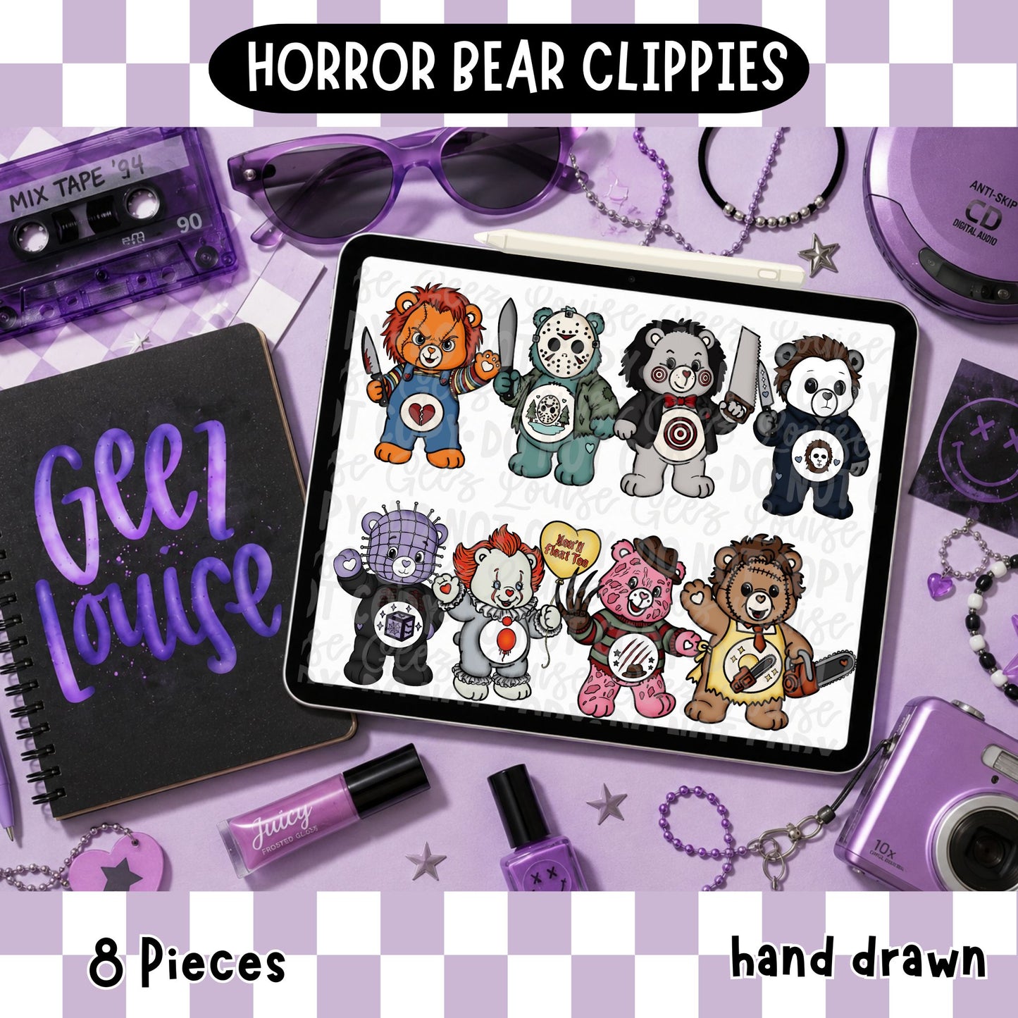 Horror Bear Clipart Bundle | Hand Drawn Spooky Bear PNGs | 8 Individual Clipart | July 26 No FOMO Drive | Digital Download