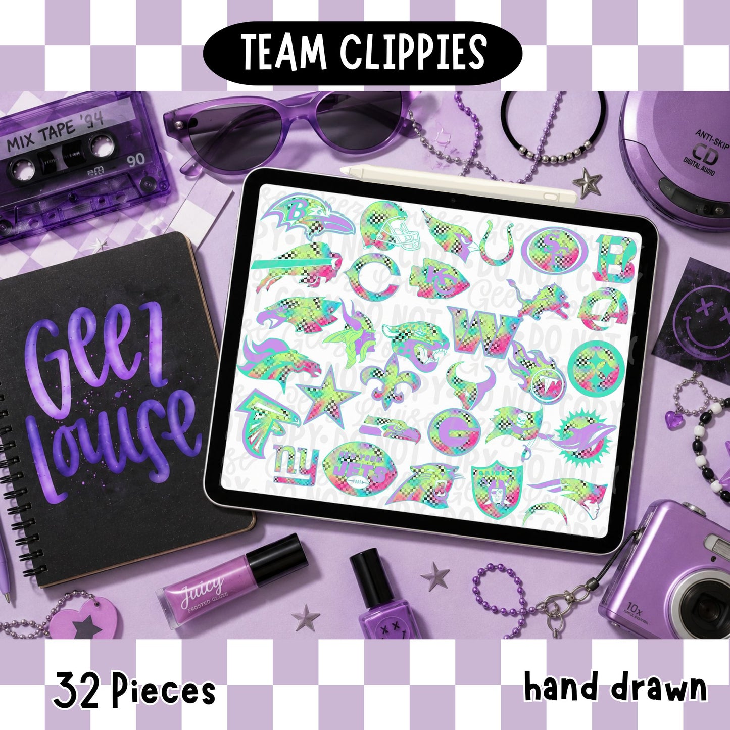 Team Clippies Clipart PNG | Football Inspired Clipart | 32 Hand Drawn Graphics | August 26 Clipart & Combo Drive | Digital Download