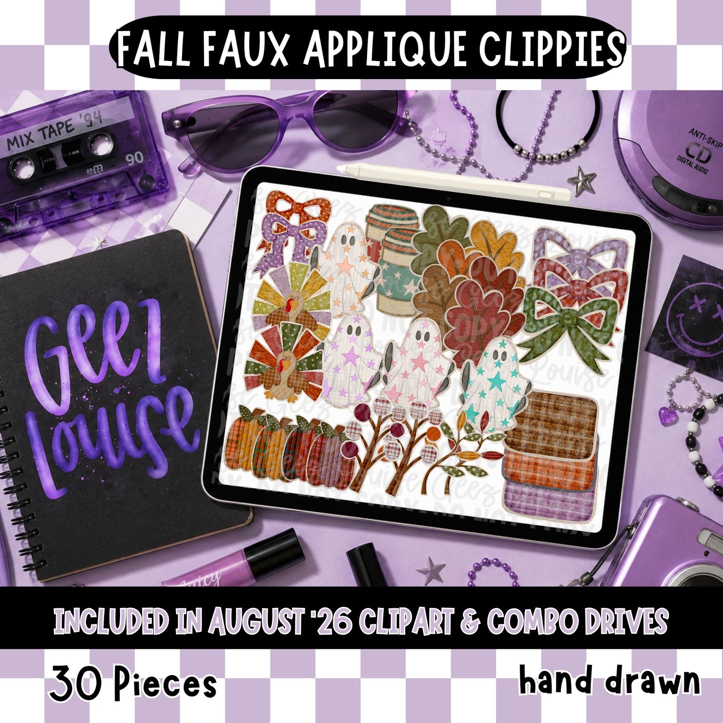 Fall Faux Applique Clipart PNG Bundle | Hand Drawn Autumn Clipart | Ghosts, Pumpkins, Bows & Leaves | August '26 Clipart Drive