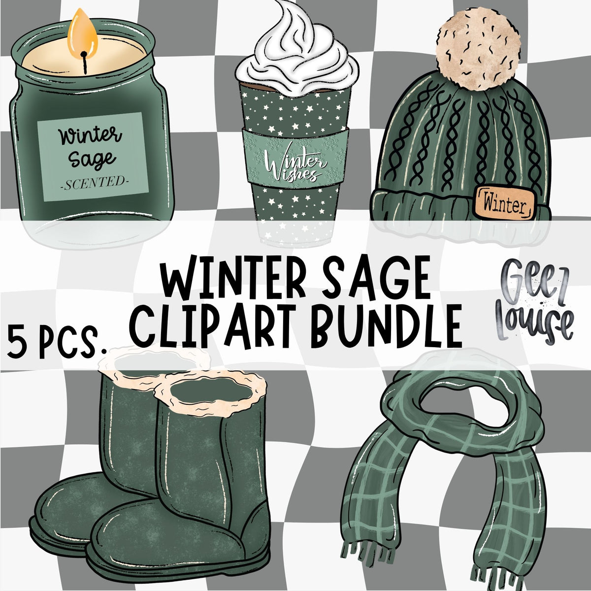 Winter Sage Clipart Bundle | Sage Green Winter Clipart | Cozy Hand Drawn PNG Set