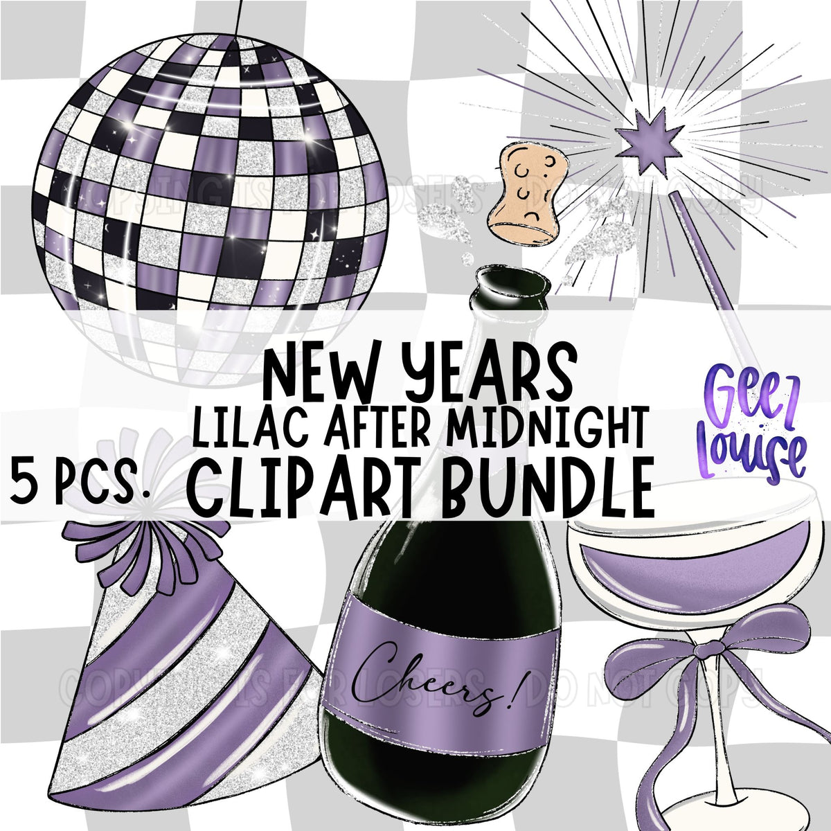 New Years Lilac After Midnight Clipart Bundle | 5 Purple & Silver PNG Graphics