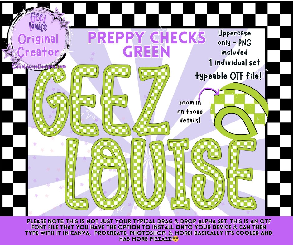 Preppy Checks Green Alpha Font | OTF & PNG Letters