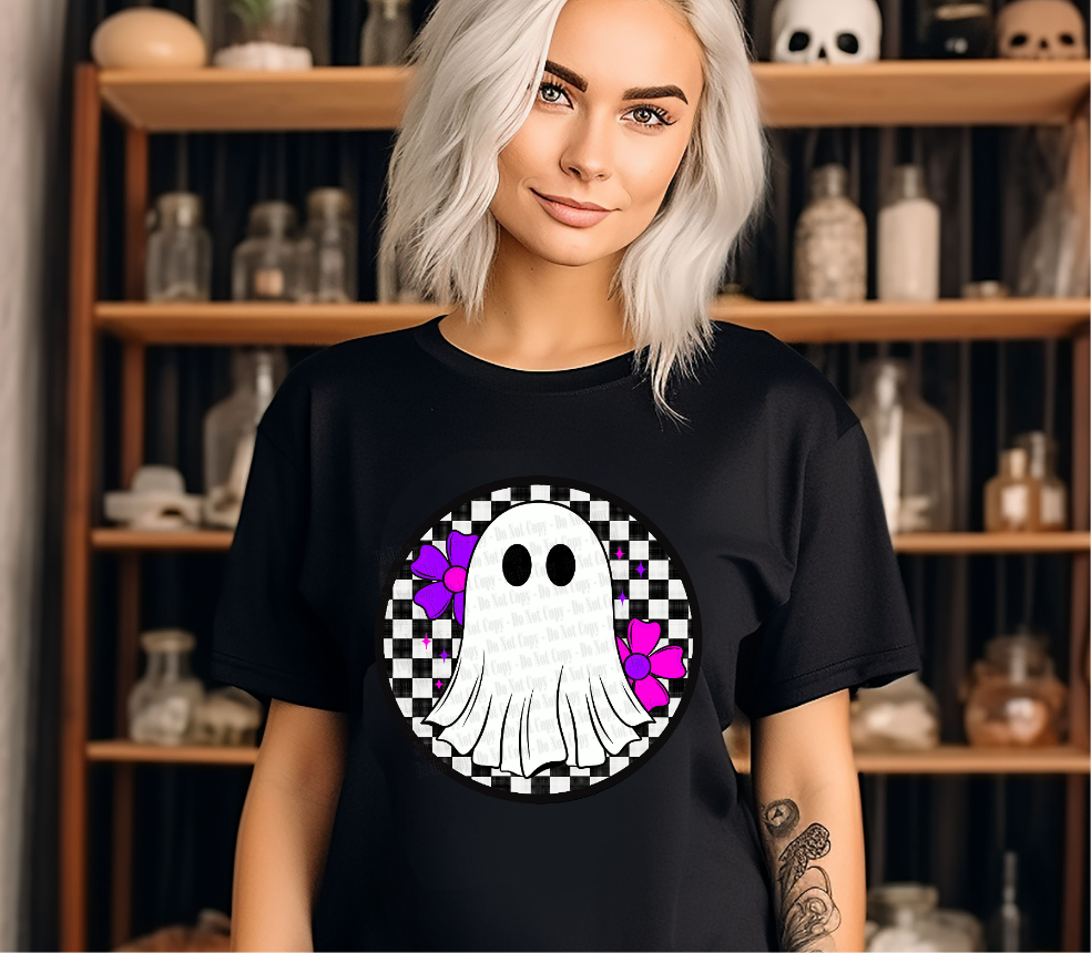 Ghost with neon flowers and checkerboard Halloween - Digital Download- PNG