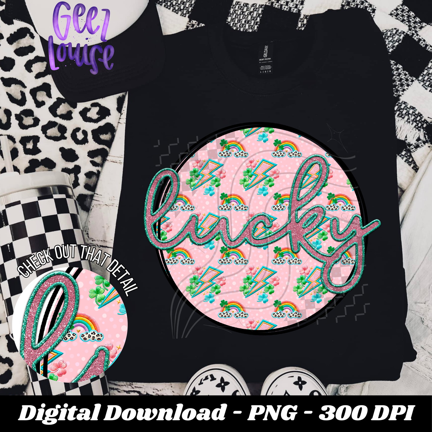 Lucky - saint patricks day - faux embroidery- Digital Download- PNG