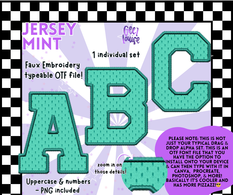 Jersey Faux Embroidery OTF Font – 22 Color Options | Typeable Alphabet with PNGs