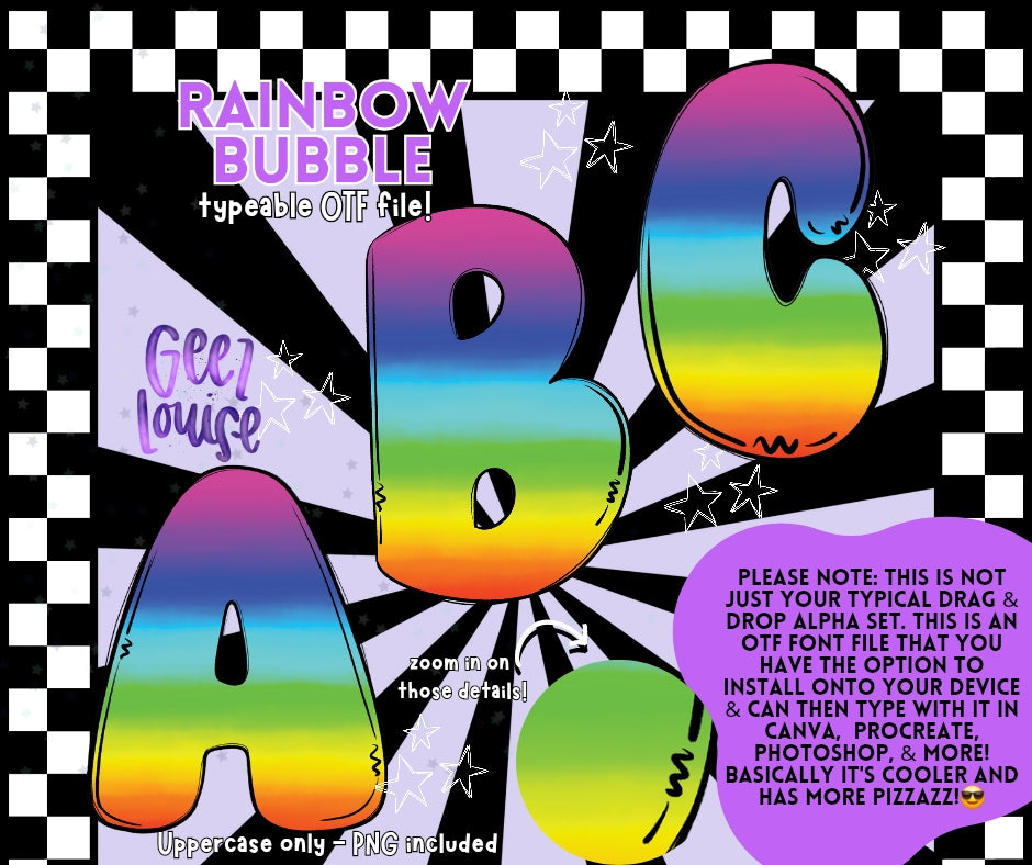 Rainbow bubble- TYPEABLE OTF Font - Alpha Set - Digital Download- PNG
