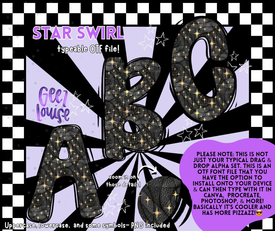 Star swirl - TYPEABLE OTF Font - Alpha Set - Digital Download- PNG