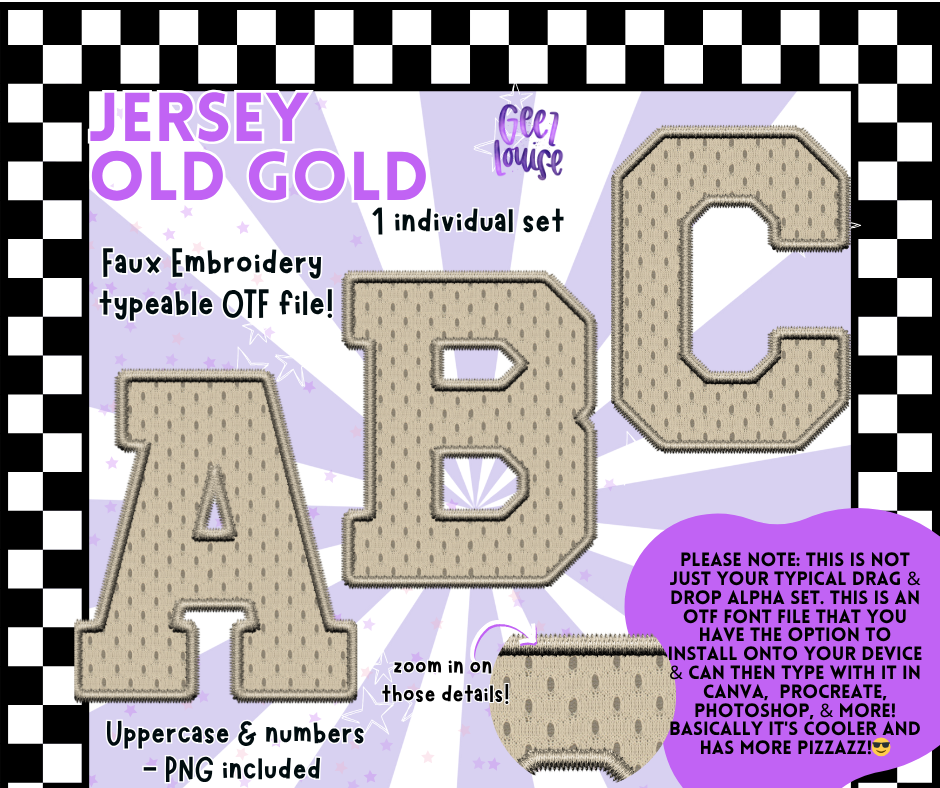 Jersey Faux Embroidery OTF Font – 22 Color Options | Typeable Alphabet with PNGs