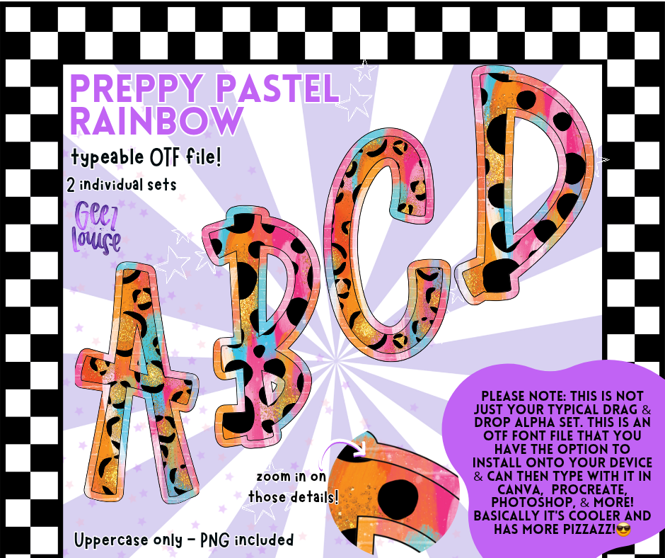 Preppy Pastel Rainbow Typeable OTF Alpha Font with PNGs | 2 Pattern Styles