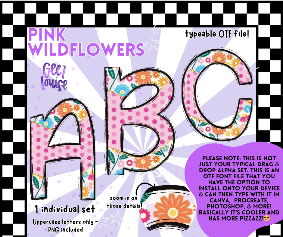 Pink Wildflowers OTF Font + PNG Alpha Set