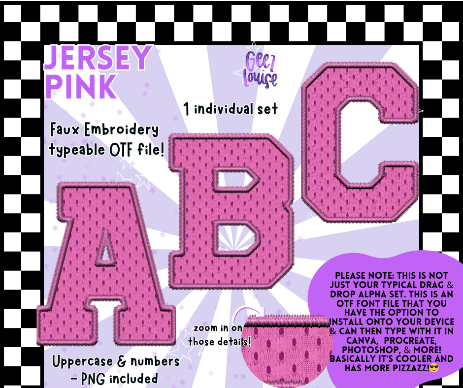 Jersey Faux Embroidery OTF Font – 22 Color Options | Typeable Alphabet with PNGs
