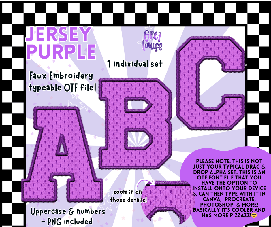 Jersey Faux Embroidery OTF Font – 22 Color Options | Typeable Alphabet with PNGs