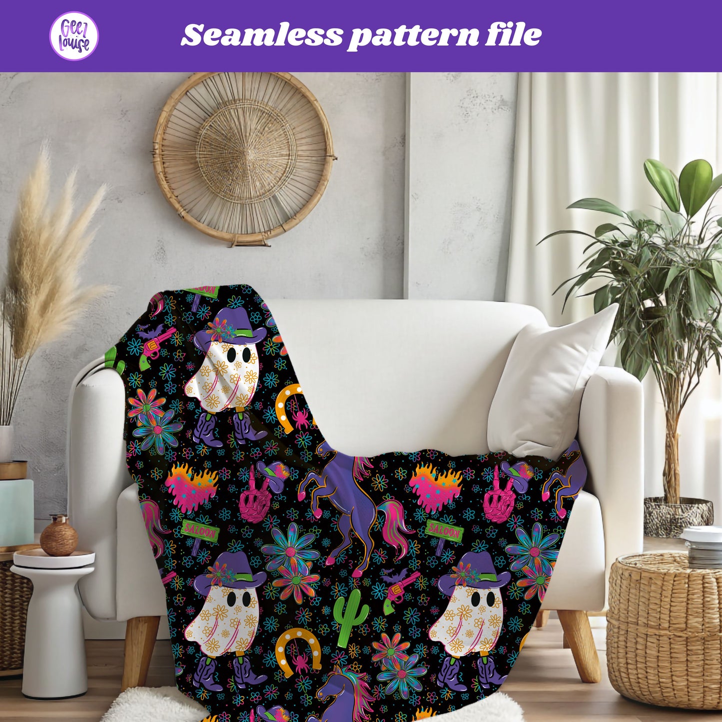 ✨ Neon Cowboy Halloween Digital Paper | Seamless 300 DPI PNG