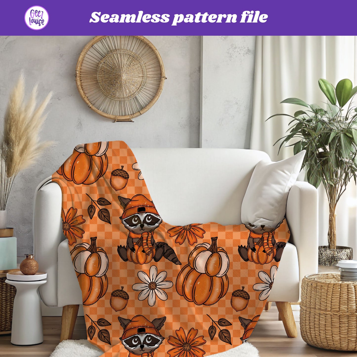 Fall Trash Panda Seamless Pattern | Raccoon, Pumpkins & Acorns Digital Paper