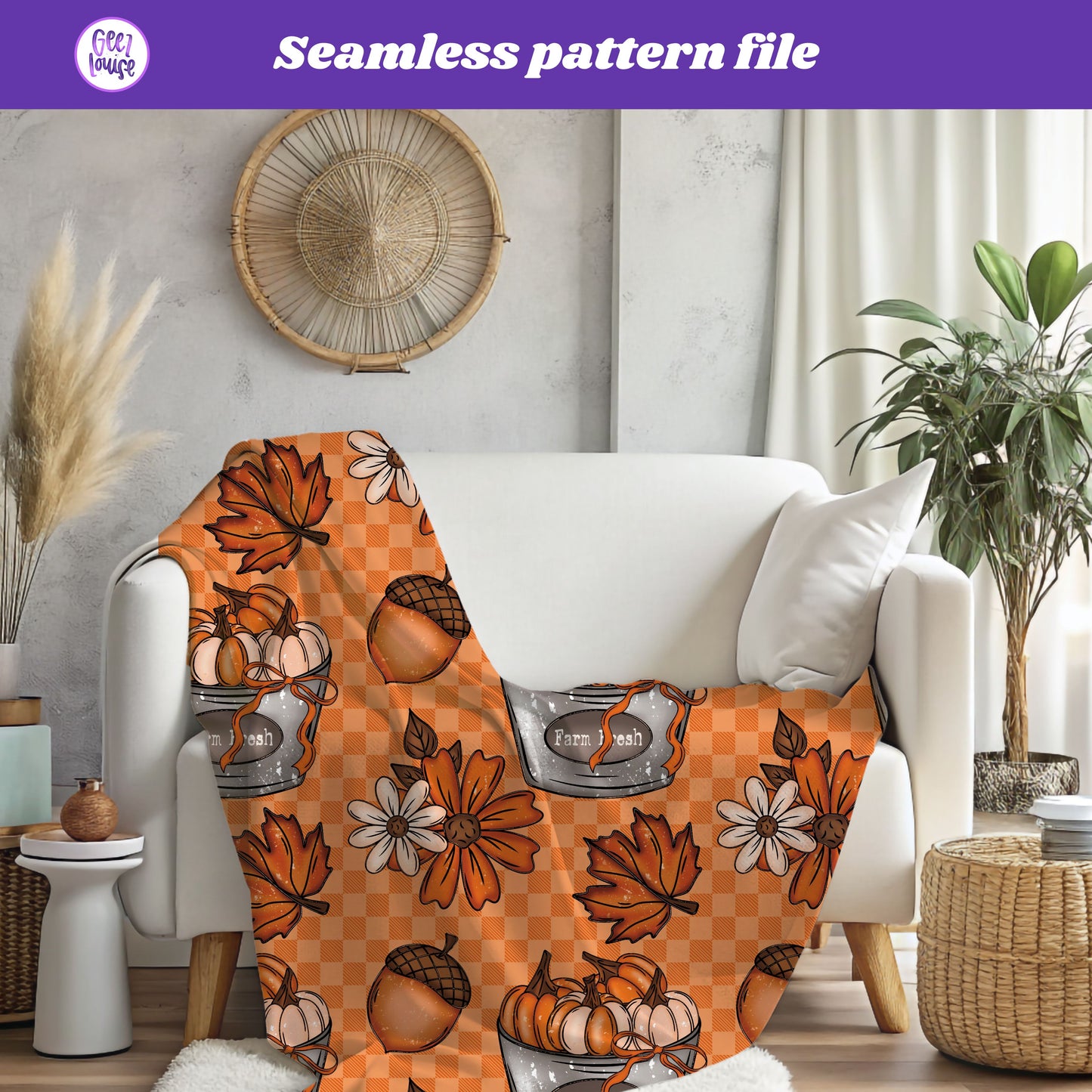 Fall Farm Fresh Seamless Pattern | Pumpkins, Leaves & Acorns Digital Design