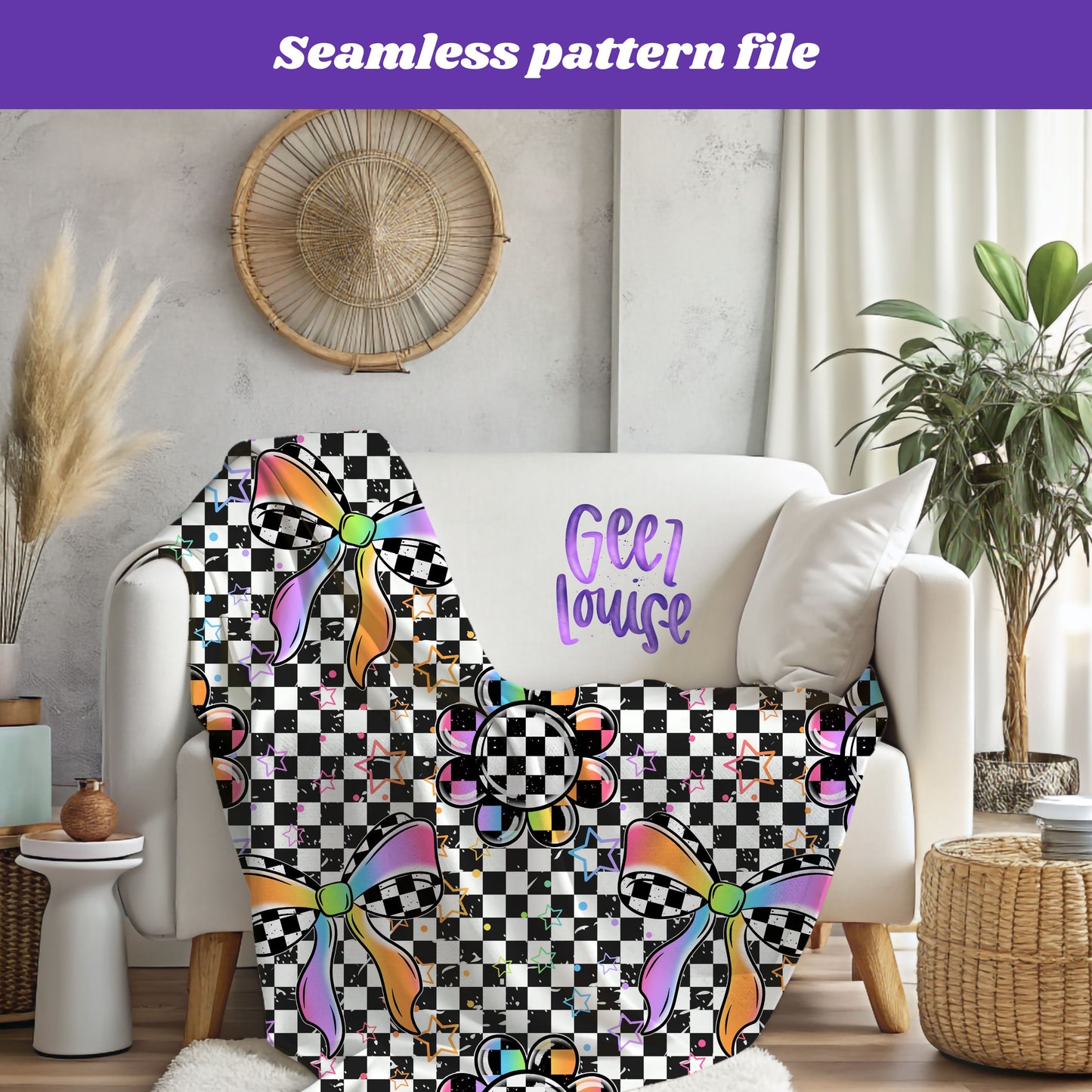 Girly Neon Pop – Seamless Digital Paper with Checker Bows