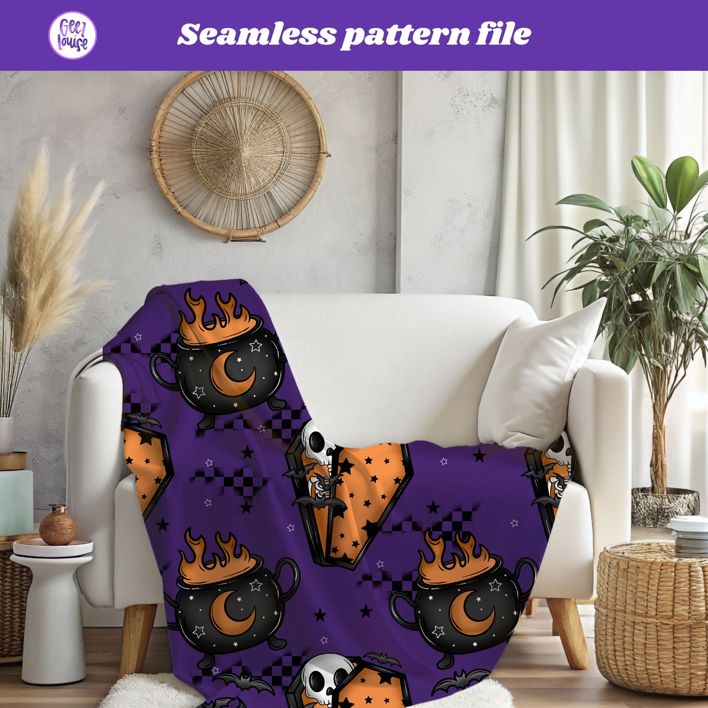 Witchy Cauldron & Coffin Halloween Seamless Pattern | Purple & Orange Digital Paper