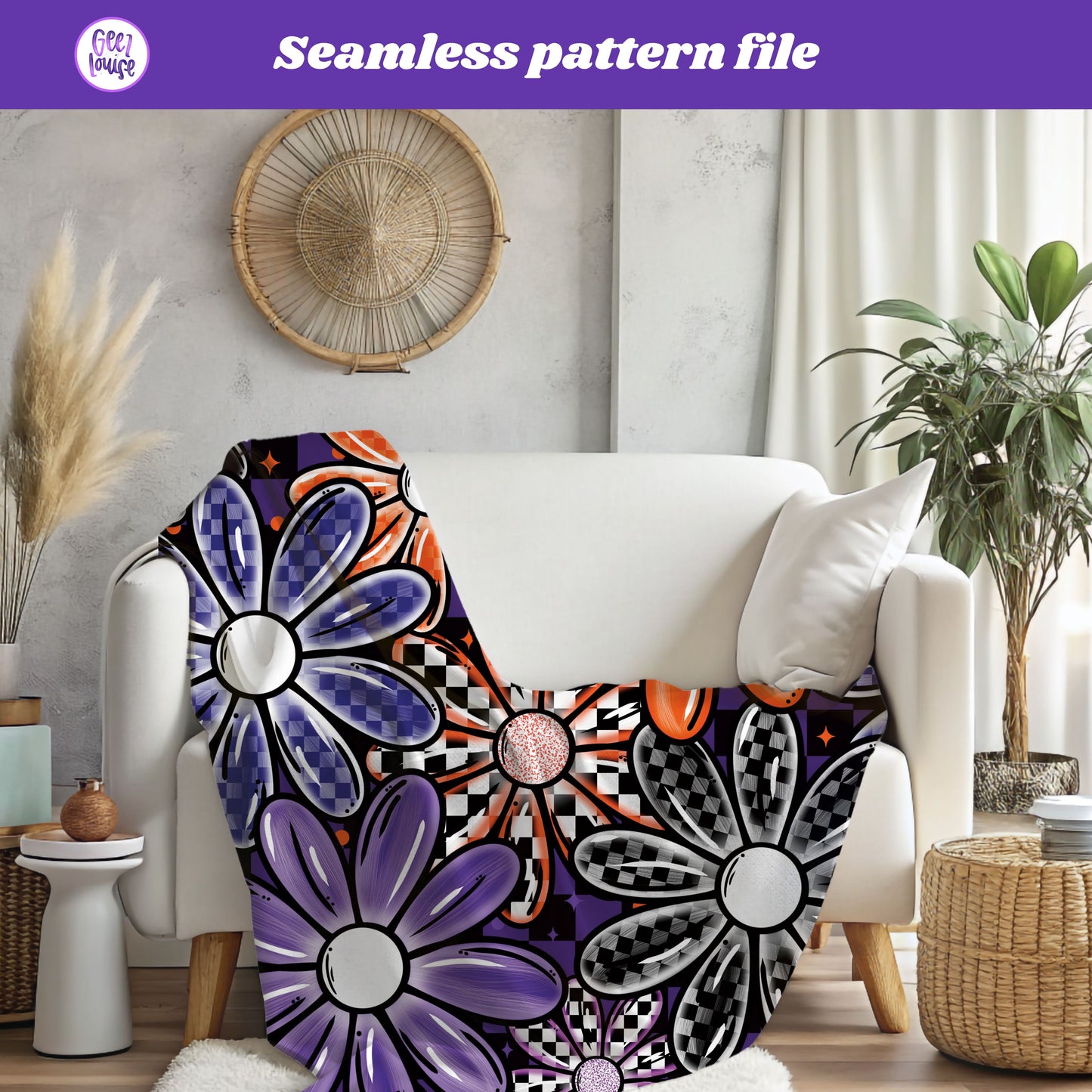Checkered Daisy Halloween Seamless Pattern | Purple, Orange & Black Digital Paper