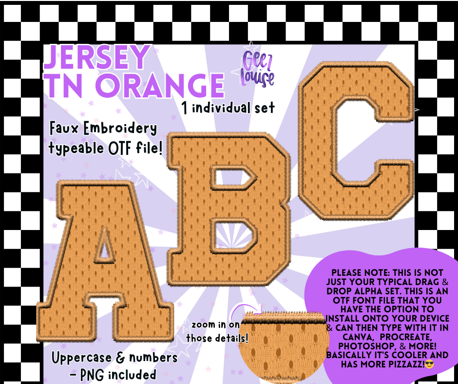 Jersey Faux Embroidery OTF Font – 22 Color Options | Typeable Alphabet with PNGs