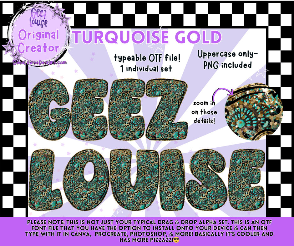 Turquoise Gold Typeable OTF Font + PNG Set