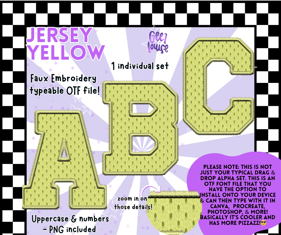 Jersey Faux Embroidery OTF Font – 22 Color Options | Typeable Alphabet with PNGs