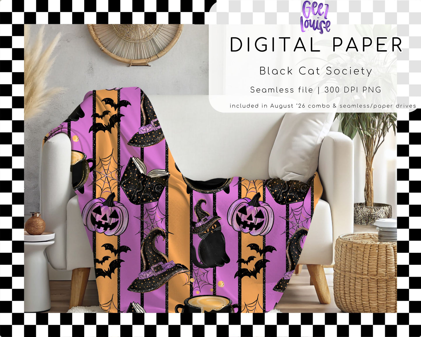 Black Cat Society Halloween Seamless Digital Paper PNG | Witchy Black Cat Pattern | August 26 Combo & Seamless Drive